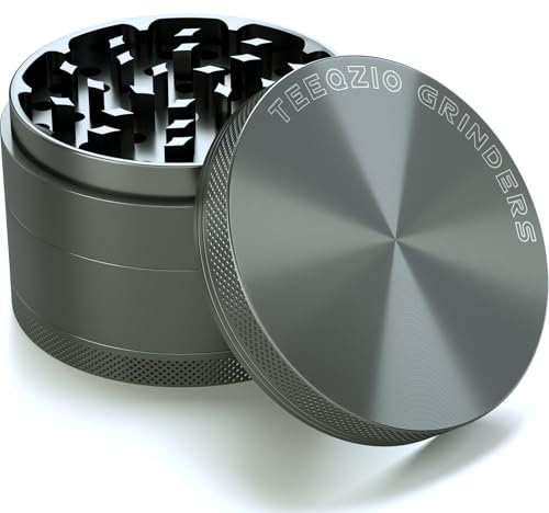 Grinder Pollen Crusher Ø 75 mm aus Aluminiumlegierung - 4-Teilig - für Spice, Kräuter, Gewürze, Herb, Kaffee Diamantförmige Zähne mit Pollen Scraper und Pinsel (Grau)