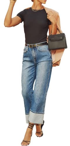 Jeans da donna a vita alta elasticizzati con risvolto a gamba larga, jeans a vita alta, pantaloni casual a gamba larga con tasche, Blu scuro, M