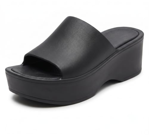 Spot On Ladies High Wedge Platform Slip On Sliders Sandals F12100 - Black Synthetic - UK Size 4 - EU Size 37 - US Size 6