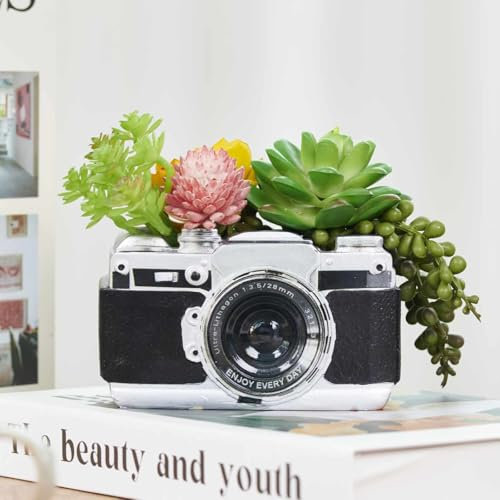 KIKTOP Camera Decorative Planter Plant Gift - Desk Decor Succulent Pot for Indoor Plants Camera Home Shelf Office Decor Small Flower Pot with Drainage (Black)