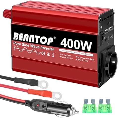 BENNTOP 400W Reiner Sinus Wellen Spannungswandler 12v auf 230v Solar Wechselrichter mit EU Buchse, Typ-C, USB Schnittstelle Stromwandler Auto Adapter