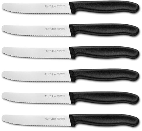 Ruffulon Tomato Knife Set (6 Piece), Sturdy and Durable Kitchen Knives, Sharp Knife, Serrated Edge Utility Knifes, Serrated Knives with Black Plastic Handle, Dishwasher Safe