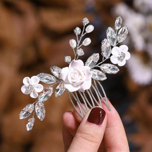 Evlry Braut Haarschmuck Hochzeit Silber Blumen Haarkamm Kristall Kopfschmuck für Frauen und Mädchen