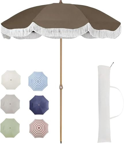 Sombrilla Con Flecos, Sombrilla Terraza Exterior Sombrilla de patio exterior de 2,13 m con bolsa de transporte, sombrilla de playa con flecos | Sombrilla vintage con borlas, mástil de acero de primera