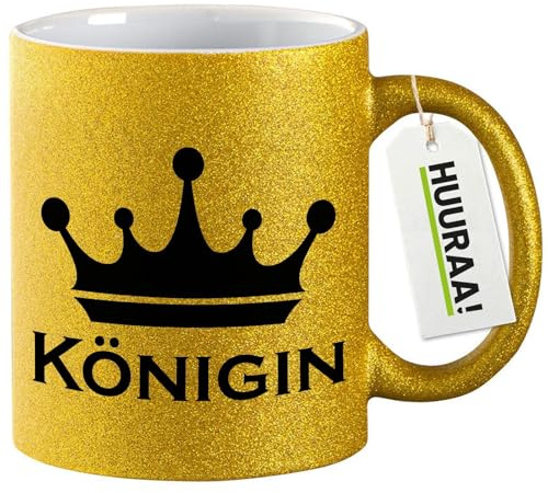 Huuraa Glitzertasse Königin Schützenkönigin Geschenk | Motivtasse 330ml Glitzer Tasse mit Spruch Gold Keramik Kaffeebecher Geschenkidee Goldener Glitter Becher mit Motiv