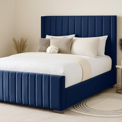 S&W DECORE 4FT6 Double Fiona Winged Bed Frame With 48 Headboard Upholstered In Plush Velvet Navy Blue Bed Wooden Slats - No Mattress - No Storage (Navy Blue Plush, 4FT6 Double - No Mattress)