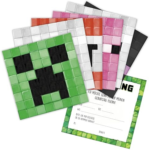 CALLUNA® – Pixelwelt – Einladungskarten Kindergeburtstag - 12 Stück - Witzige Pixel Geburtstag-Einladung im Quadrat – Einladungen für Teenager, Mädchen & Jungen (Einladungskarten-Set)