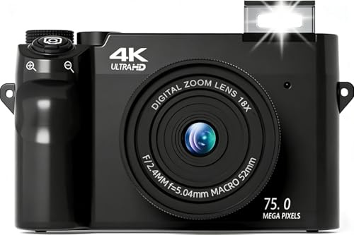 Evoluir Digital Camera, 18X Digital Zoom Portable Photo Camera with 3 Screen, Auto-Focus 4K Small Camera for Kids, Teenagers, Beginners (32GB,Black)