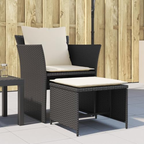 Kaloriko Gartenstuhl mit Fußhocker, Schwarz Poly Rattan, 110kg Traglast, Loungesessel für Garten & Terrasse, Cremeweiße Kissen