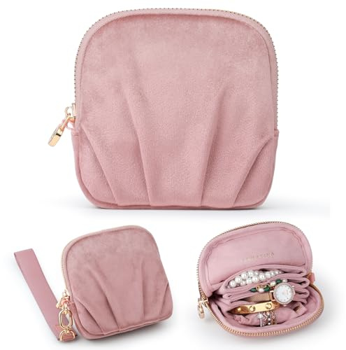 Lumayina Reise-Schmucktasche 2-in-1 aus Samt mit 4-Fach-Einsatz für Damen | Samt-Etui in Altrosa mit Rundum-Reißverschluss und Handschlaufe, wird zur Mini-Geldbörse für Reise und Alltag