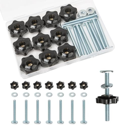 XILIYAI 10 Sets 2-1/2 Inch T-Track Knob Kit, 1/4in-20 T Bolts with Star Knobs & Washers – Extra Long T Slot Bolts for Woodworking Fixtures, Router Tables & Table Saw Clamps