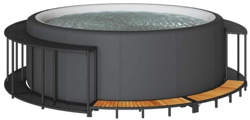 Kaloriko Ribete para bañera de hidromasaje con espacio de almacenamiento y escalera de madera de poliratán negro, accesorios para piscina para spa y jacuzzi, resistente a la intemperie, funda exterior