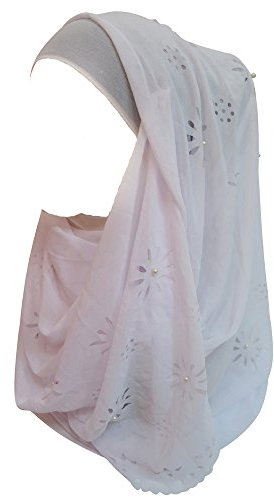 Lina & Lily Chiffon Hijab Kopftuch Schal mit Blumen und Perlen für muslimische Frauen (Weiß)