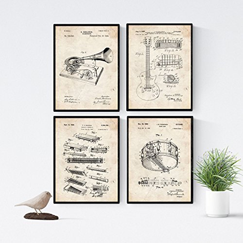 Nacnic - Pack 4 Láminas Patentes Música Blues. Set de Posters con Planos y Dibujos de Instrumentos Musicales Antiguos - Decoración Mural Vintage