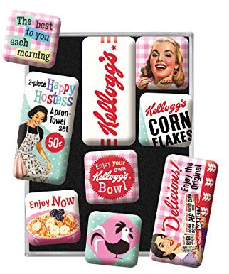 Nostalgic-Art Retro Kühlschrank-Magnete, 9 Stück, Kellogg's – Happy Hostess Corn Flakes – Geschenk-Idee für die Küche, Magnetset für Magnettafel, Vintage Design