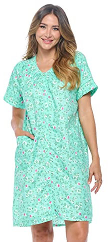 Casual Nights Women's Snap Front House Dress Short Sleeve Woven Duster Housecoat Lounger Robe, Floral Green, Large