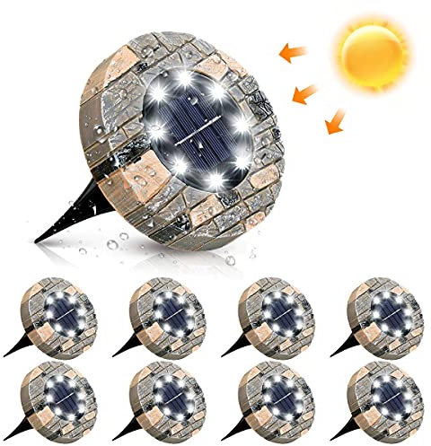 GLIME Solarleuchte für den Außenbereich, Garten, am Boden, Solarleuchten auf dem Boden, 8 LEDs, Beleuchtung für Wege, 6000 K, Kaltweiß, wasserdicht, IP65, Form aus Kunstharz, für Terrasse, Grundstück,