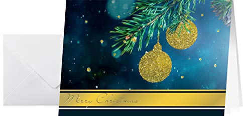 SIGEL DS065 Premium Weihnachtskarten Set mit Umschlag | A6 | 10 Stück | mit glitzernden goldenen Weihnachtskugeln und Einlageblatt | Golden Glitter | ideal zum Bedrucken