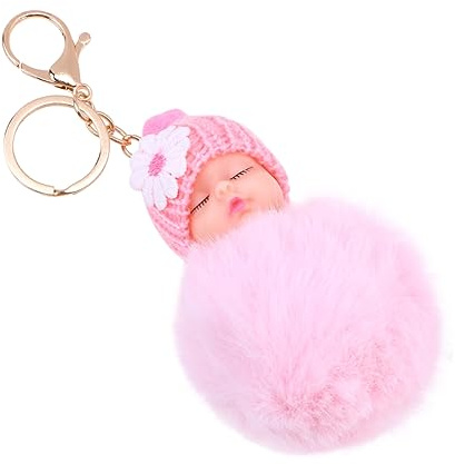 Garneck Puppen-Pom-Pom-Schlüsselanhänger, niedlich, flauschig, schlafende Babypuppe, Schlüsselanhänger, Pompon, Auto-Schlüsselanhänger, Geldbörse, Tasche, Handyanhänger, Taschenanhänger