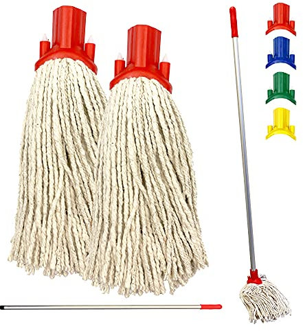 Colour Coded Floor Mop Set – 120cm Long Aluminium Mop Handle and Pack of 2 String Heads Replacement for Domestic and Commercial Cleaning (Red)