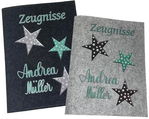 Zeugnismappe mit Namen - Mädchen und Jungen - Personalisiert Filz A4 Sterne Türkis - Dokumenten Urkunden Mappe Kinder - Hefter Zeugnisse - Sichtbuch