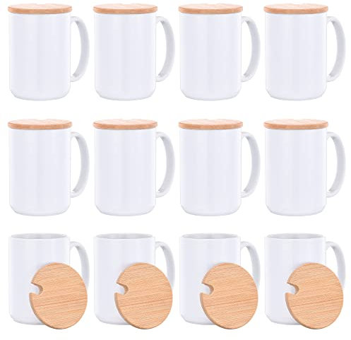 RAINBOWTIE Juego de 12 tazas de sublimación de 15 onzas, tazas de sublimación en blanco con tapa de bambú, tazas de café de sublimación, tazas de café con tapa, juego de 12