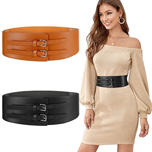 Weinsamkeit 2 Stück Elastischer Taillengürtel für Damen, 7,5cm Breiter Taillengürtel Doppelschnalle Verstellbar Modisch Damen Gürtel für Kleider