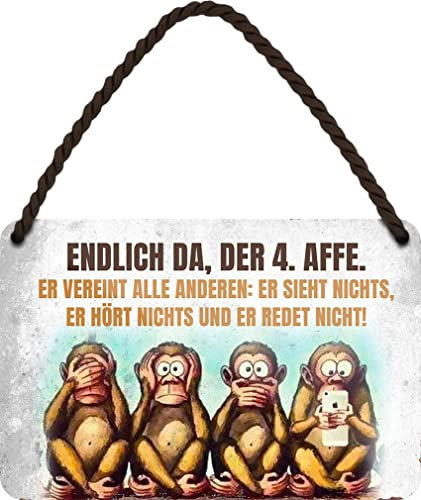 WOGEKA ART Blechschild - Der 4. Affe vereint alle drei in einem - Der HANDY AFFE - Lustiger Spruch als Geschenkidee zu Geburtstag, Weihnachten als Deko Schild 18x12 cm Hängeschild HS318