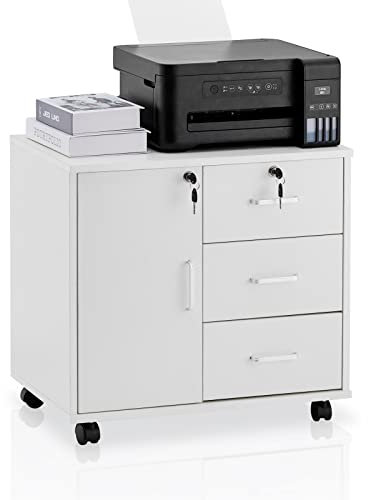 TUKAILAi Mobile File Cabinet with 3 Drawers Lockable Office Rolling Filing Cabinet on Wheels Printer Stand Storage Lateral Stationery Under Desk Drawers for Home Office White