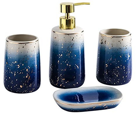 GIBZ Juego de Accesorios de Baño de 4 Piezas de Cerámica de Estilo Moderno Juego de Accesorios de Lujo Juego de Jabonera, Portacepillos de Dientes, Dispensador de Jabón, Vaso de Baño Azul