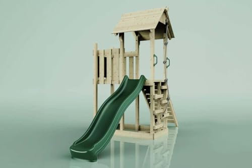 Rebo Tour de jeu Tromso avec toboggan à vagues et plate-forme, cadre d'escalade d'extérieur avec corde d'escalade et échelle d'escalade, construction stable, en vert foncé