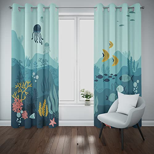Bedruckte Vorhänge mit Ösen, Verdunkelung, Zimmer, Haie, Unterwasserwelt, Ozean, Tier, Fischmuster, lichtblockierend, Fenstervorhänge für Kinderzimmer, Wohnzimmer, Vorhang, 2 Paneele (B x T) 168 x 137