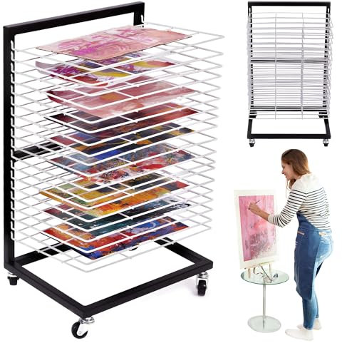 ODOXIA Petit Support De Séchage pour Salle De Classe | Toile De Séchage De Peinture Fonctionnelle Et Mobile | 19 Étagères Amovibles | Support À roulettes Art Drying Rack White (Small)