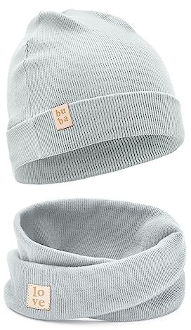 Bubalove Mützen und Schalset für Jungen, Mädchen, Baby, Größen 0mc bis 12 Jahre+ viele Farben, Frühlings-, Herbstsets, Baumwollmützen, handgenäht (52-56, hellgrau)
