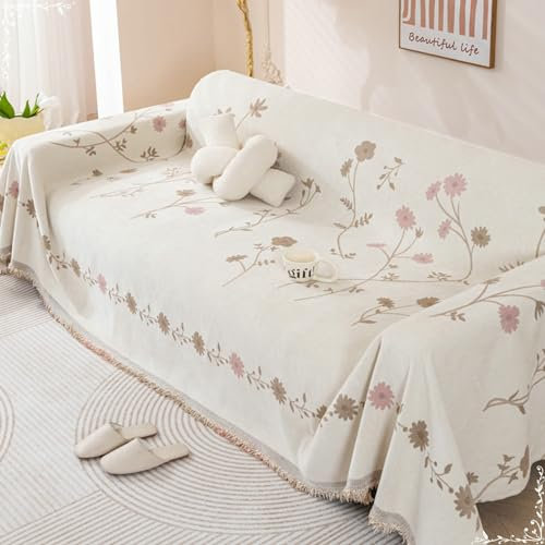 ANAZOZ Sofabezug 4 Sitzer, Couch Überzug Chenille Blumenmuster mit Fransen Bezug Sofa 180x360