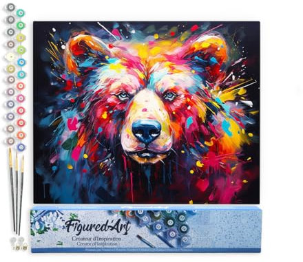 Figured'Art Peinture par Numéro Adulte Ours Coloré Abstrait - Activité Manuelle Kit de Loisir Créatif DIY Numéro d'Art Complet Animaux - 40x50cm sans châssis en bois