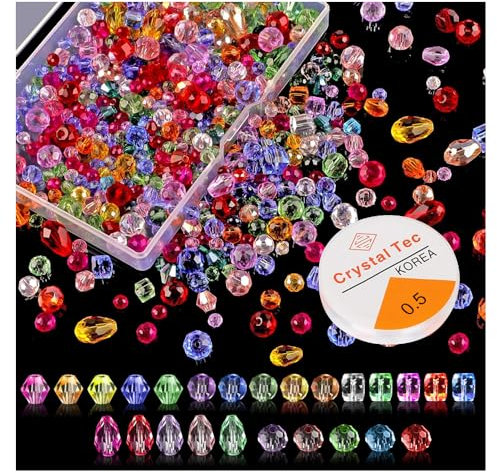 HIOQFR 600 Piezas Cuentas de Cristal Checo Abalorios para Hacer Pulseras Cristales de Coser Colores con Cuerda Elástica y Caja 4mm,6mm,8mm Cuentas de Vidrio Facetado para Manualidades,Joyas,Collares