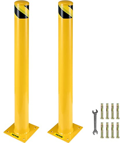 VEVOR Bolardo de Seguridad Metal 36x5.5, 2 Piezas Bolardo de Seguridad de Tubo Acero Recubrimiento de Polvo Amarillo Barrera de Seguridad con 8 Pernos de Anclaje para Aparcamiento, Peatones, Escuelas
