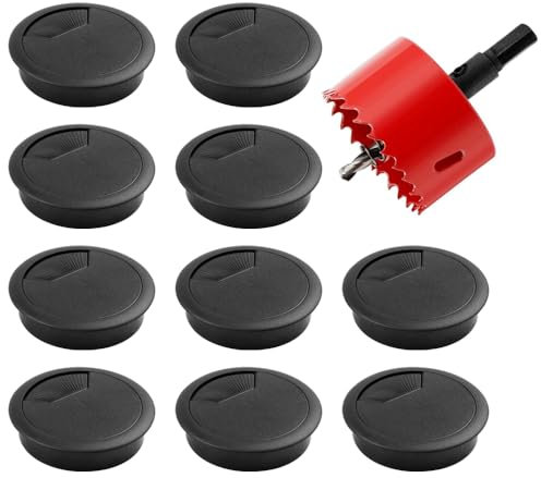 Schreibtisch Kabeldurchführung, 10 Stück 60mm Kabeldurchlass Kabeldurchführung Schreibtisch mit 1 Stück Lochsäge, Kabeldurchführung Tisch Rund für Tisch Büro Arbeitsplatten (Schwarz)