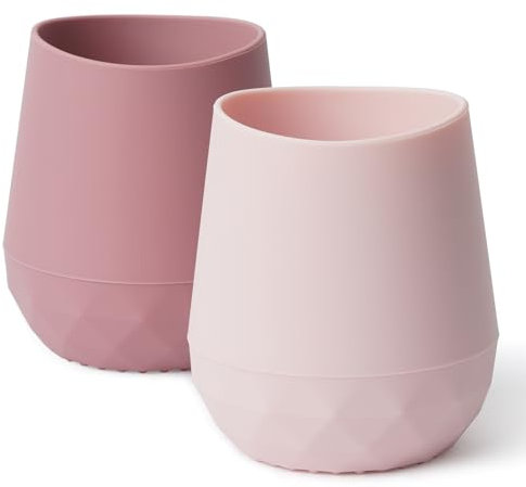 Vaso Aprendizaje Bebe Silicona, Seposeve Paquete de 2 Vaso Agua Bebe para 6-12 meses, Botella Agua Bebe 1-2 año, Tiny Open Vaso Antiderrame Bebe, con Marcas de Capacidad, Rosa Morado