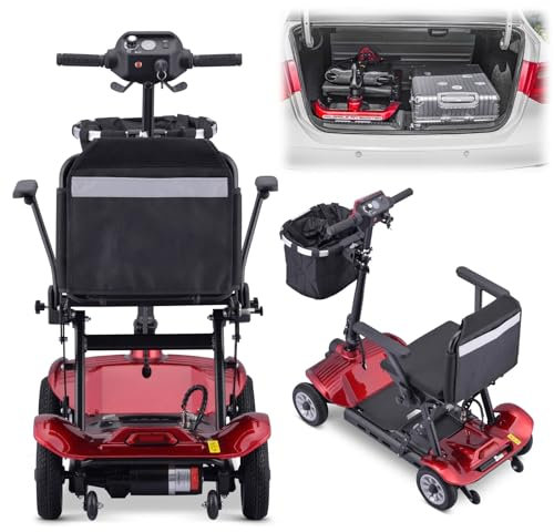 HZWJD 4-Rad-Reise Mobilitätsroller,Elektro Roller,Gehhilfe Für Senioren,Rollator Leicht Klappbar,Rollstuhl Elektrisch,Sichere Tragfähigkeit 150 Kg Red~10ah
