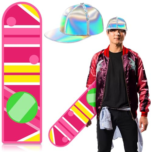 Zoooyawn Back to the Future Halloween-Kostüm-Zubehör, einschließlich glänzendem silberfarbenem holografischem Baseball-Hut, Skateboard-Requisite für Erwachsene, Damen, Herren, Cosplay-Partyzubehör