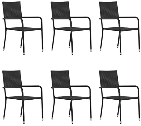 vidaXL Garten Essstühle 6 STK., Essstuhl Stapelbar mit Stahlrahmen, Gartenstuhl Sessel für Garten Balkon Terrasse, Gartensessel Stuhl Stuhlset, Schwarz Poly Rattan