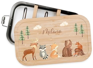 Bärenfreunde Personalisierte Brotdose Edelstahl, Kinder Lunchbox | Vesperdose personalisiert mit Namen, Brotzeitbox Holz mit Fächern und Holzdeckel, Bambus Jausenbox, Kita, Dino, Traktor