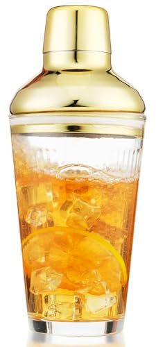 FayuuGem Glass Cocktail Shaker, Martini Shaker with Strainer for Bars, Whiskey, Cocktails 17oz (Gold)