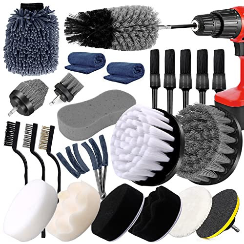 BARAKYEG Brosse Nettoyage Voiture,25pcs Kit Nettoyage Voiture Professionnel Brosse Perceuse Ave Pinceau Detailing Auto,Brosse Visseuse,Voiture Beauté Interieur Exterieur,Roue,Panneaux,Brosse Nettoyage