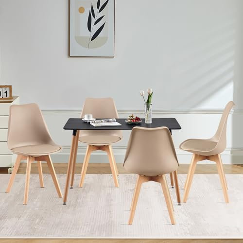 H.J WeDoo Esszimmergruppe Esstisch mit 4 Stühlen Essgrupp, Rechteckig Schwarz Küchentisch und 4er Set Esszimmerstühle Sitzgruppe für Wohnzimmer Küche Büro(110x70cm Tisch+4 Khaki Stühle)