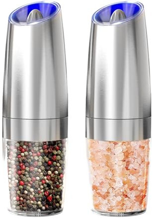 ELMWAY Battery-Powered Gravity Salt & Pepper Grinder Set – Tilt-to-Start Mill with LED Light, Adjustable Coarseness, One-Hand Operation, Stainless Steel Shell (4 x AAA Each, Not Included) – 2 Pack