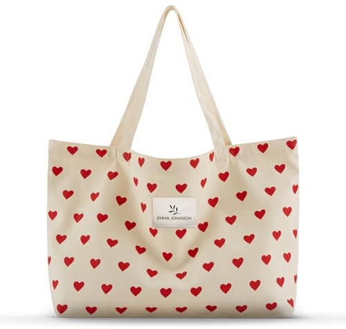 Emma Jonasson Jutebeutel mit Reißverschluss - Großer Shopper Damen mit Innentasche - Einkaufstasche mit langem Henkel - Perfekte Tasche XXL als Tote bag, Schultertasche, Stofftasche Herzen