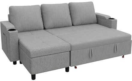 Devoko L-Shaped Corner Sofa Bed with Storage, 3-Seater Pull out Convertible Foldable Sleeper, Modern Settee with Cup Holders, Grey Sofabed for Living Room & Bedroom Light Grey